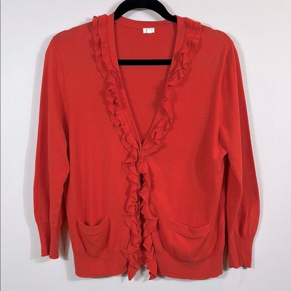 J. Crew Coral Orange Ruffle Button Front Coquette Cardigan Sweater Women Medium - Picture 1 of 8